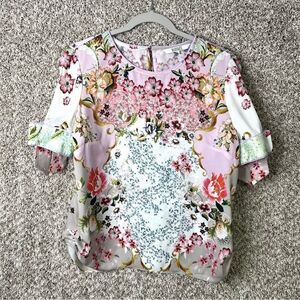 Badgley Mischka Top Women’s XS Pink & Gray Floral Print Short Bow Sleeve Blouse